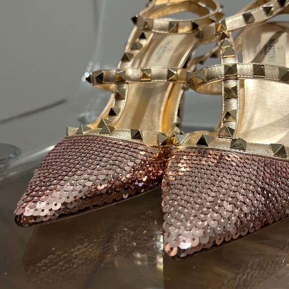Valentino Rockstud Rose Metallic Sequins Heels - Picture 6 of 9